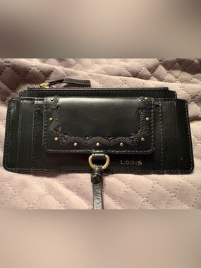 LODIS Catalina Long Stacker Card Wallet Genuine Leather Black NEW embroidered